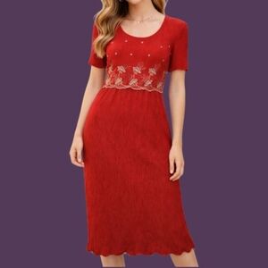 ANOTHER THYME 1980s Hot Pink Silver Floral Embroidered Tie Back Crinkle Dress